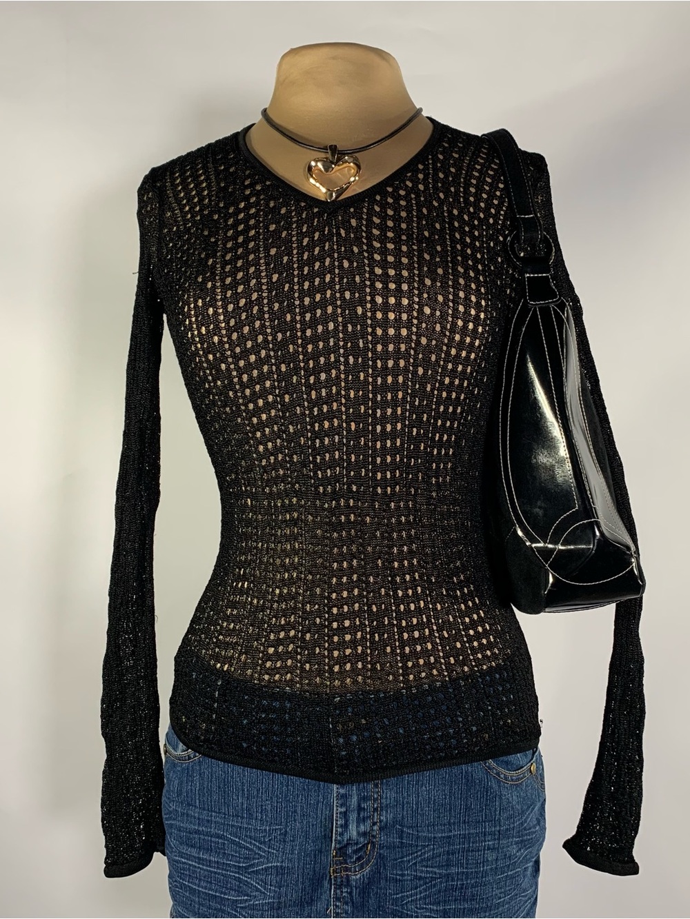2000s City DKNY black open-knit long sleeve top, size S